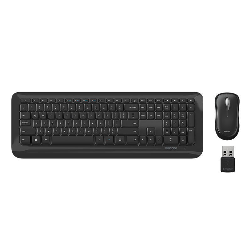 Incase Designed by Microsoft Wireless Desktop 850 black keyboard, mouse and USB transceiver, top view on a plain white background