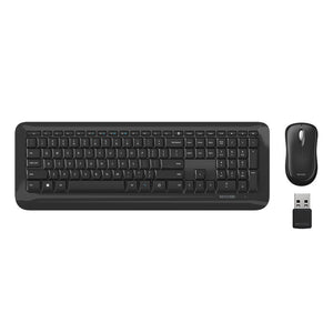 Incase Designed by Microsoft Wireless Desktop 850 black keyboard, mouse and USB transceiver, top view on a plain white background
