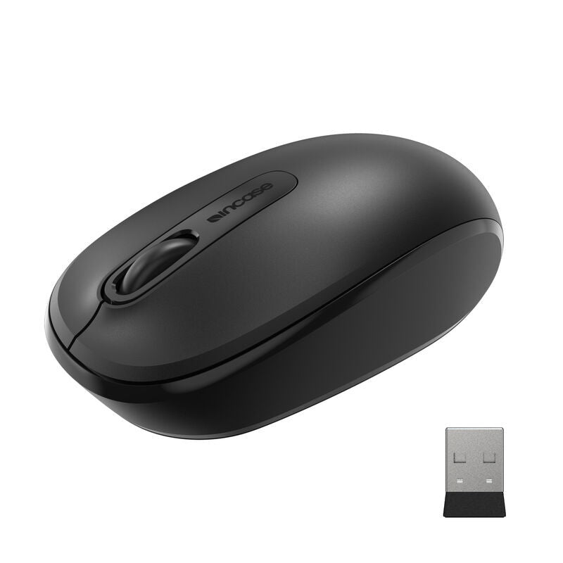 Incase Designed by Microsoft Wireless Mobile Mouse 1850 in black with its USB nano transceiver, three-quarter view on a plain white background