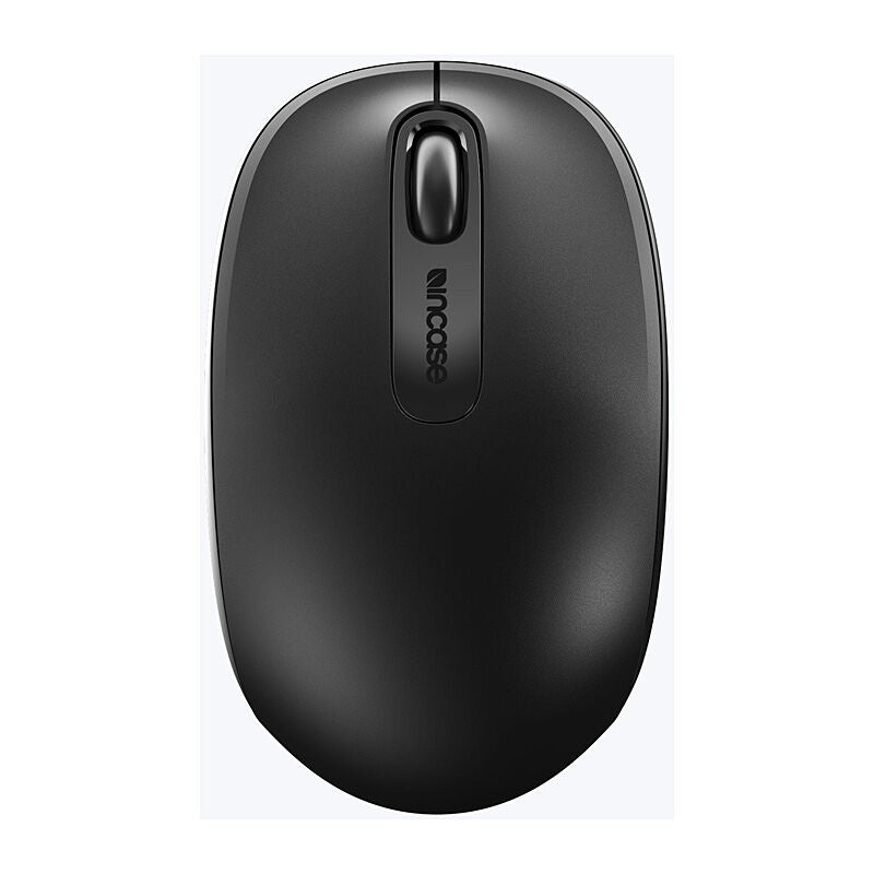 Incase Designed by Microsoft Wireless Mobile Mouse 1850 in black, top view showing the Incase logo on a light grey background