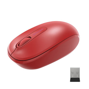 Incase Designed by Microsoft Wireless Mobile Mouse 1850 in flame red with its USB nano transceiver, three-quarter view on a plain white background