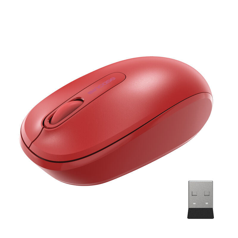 Incase Designed by Microsoft Wireless Mobile Mouse 1850 in flame red with its USB nano transceiver, three-quarter view on a plain white background