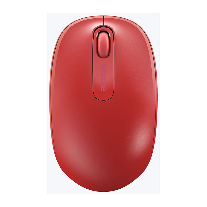 Incase Designed by Microsoft Wireless Mobile Mouse 1850 in flame red, top view showing the Incase logo on a light grey background