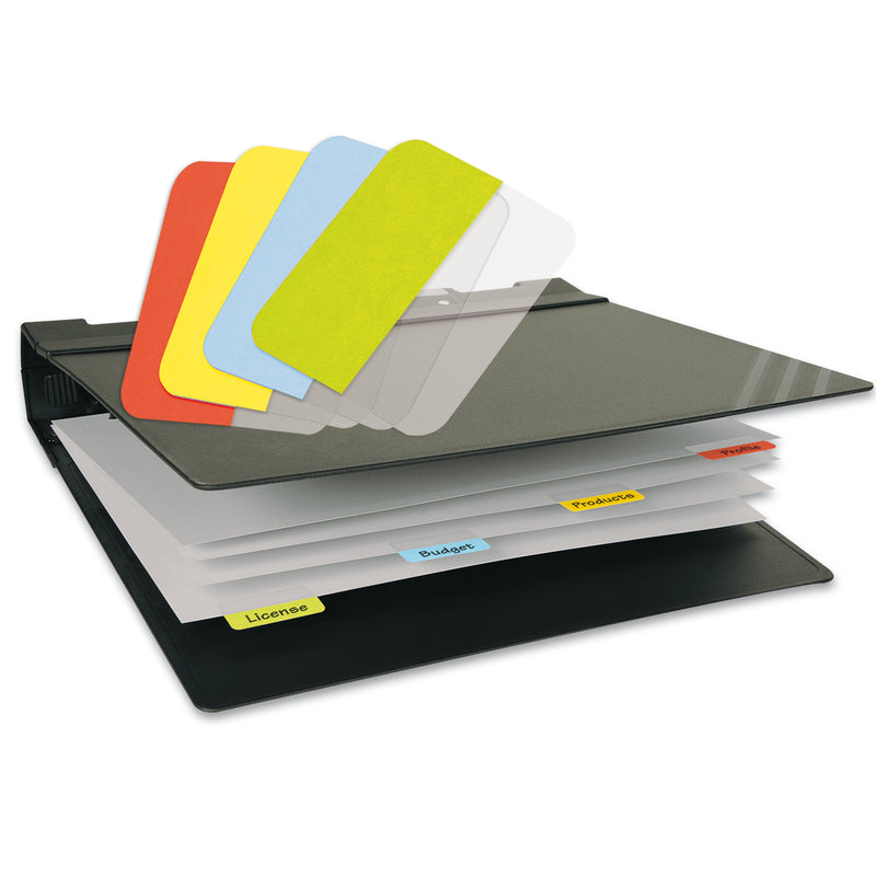 3L red, yellow, blue and green index tabs above a black ring binder with matching tabs labelled License, Budget and Products