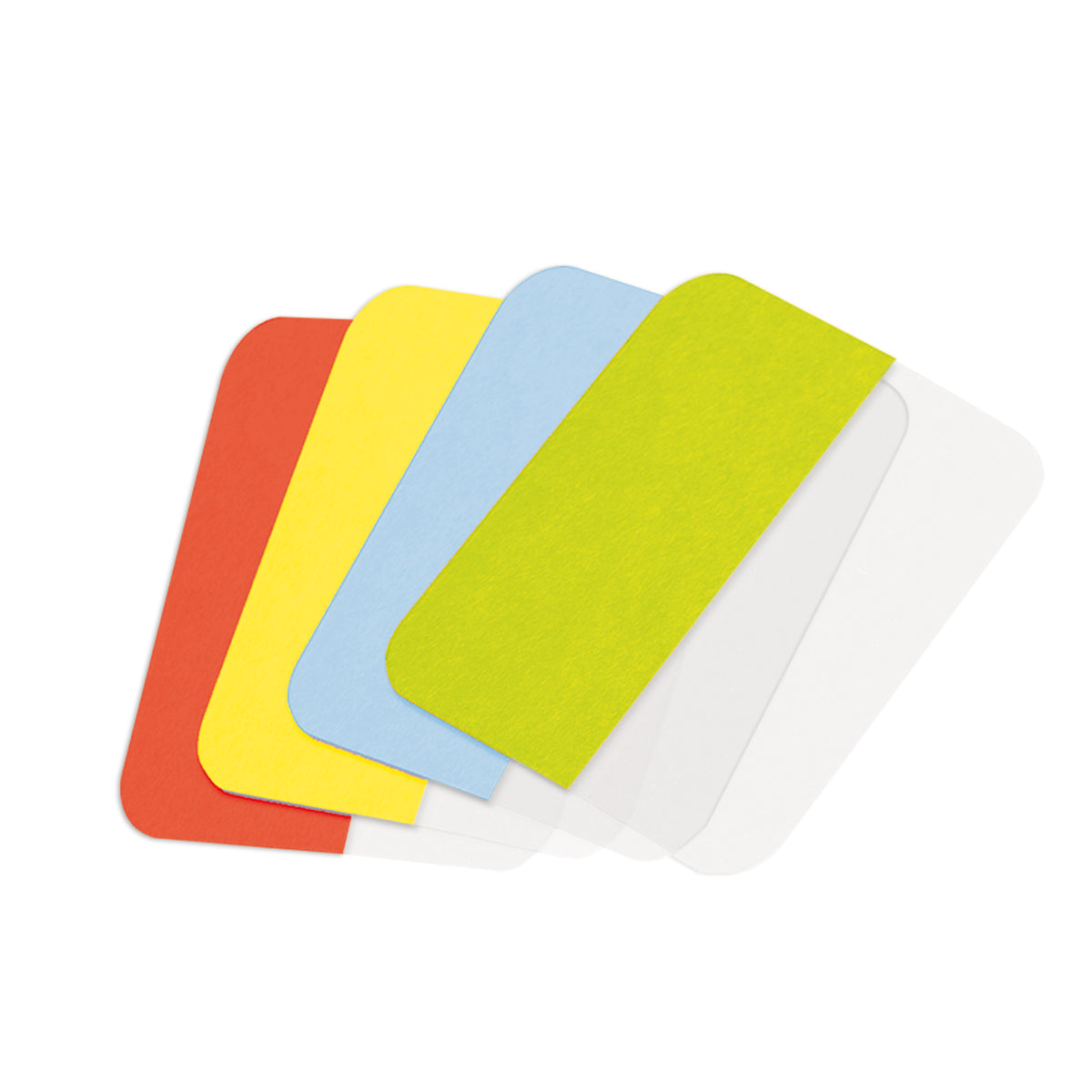 3L permanent index tabs in red, yellow, blue and green fanned out with their clear tab ends