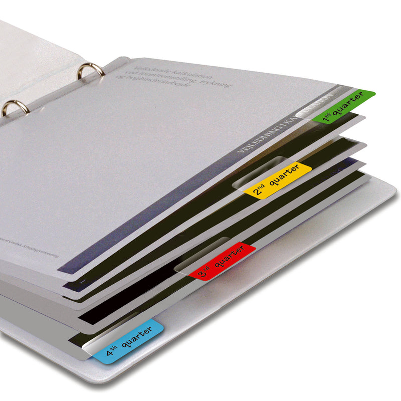 3L index tabs in green, yellow, red and blue labelled by quarter on the pages of a white ring binder