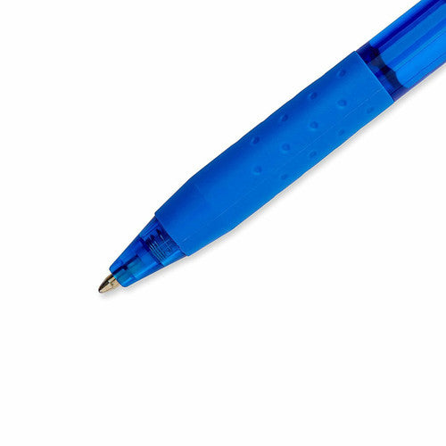 Close-up of Papermate Inkjoy 300 pen tip showing 1mm medium blue ballpoint