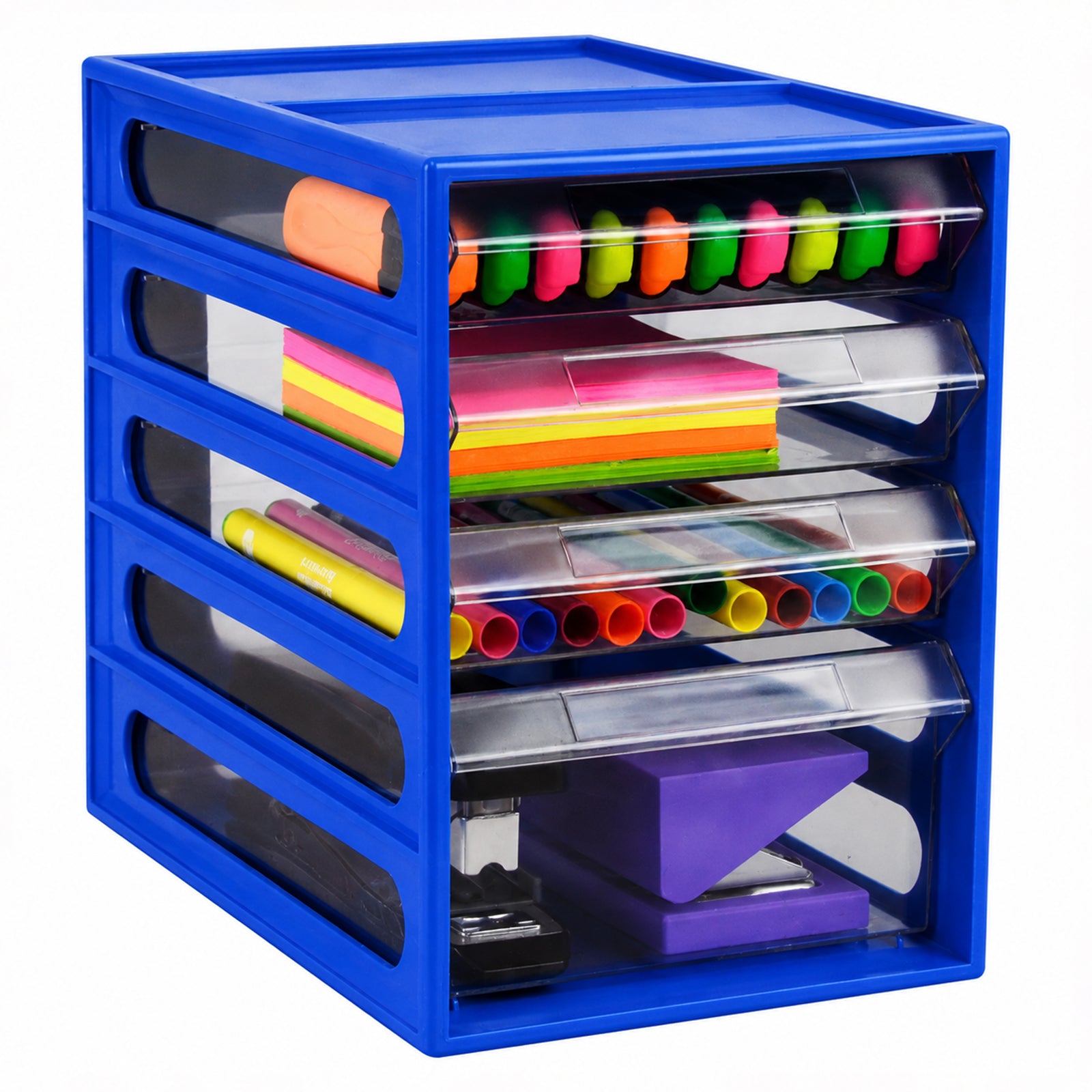 Clean product view of the Italplast Blueberry Office Organiser against a white background. The vivid blue frame surrounds four transparent drawers containing highlighters, sticky notes, colourful writing tools and stapling equipment, clearly demonstrating the combination of accessible small item storage and a deeper compartment for larger office essentials.