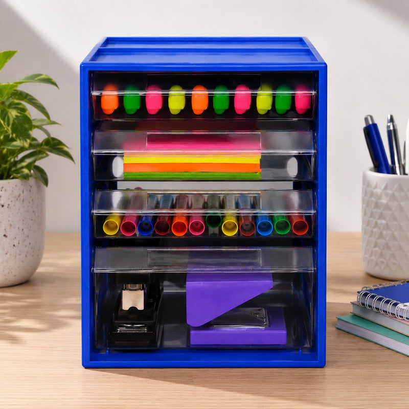 Front view of the Italplast Blueberry 4 Drawer Office Organiser with its strong blue frame and transparent drawer fronts. Bright highlighters, colourful sticky notes and writing instruments are neatly arranged in the three smaller compartments, while stapling equipment occupies the spacious lower drawer for organised office storage.