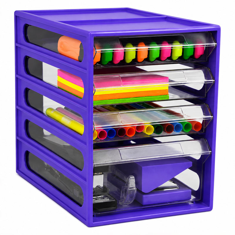 Clean product view of the Italplast Grape Office Organiser against a white background, highlighting the rich purple frame and four clear storage drawers. Small stationery items are separated across the upper compartments while stapling and tape equipment occupy the deeper lower drawer, illustrating practical storage for varied office essentials.