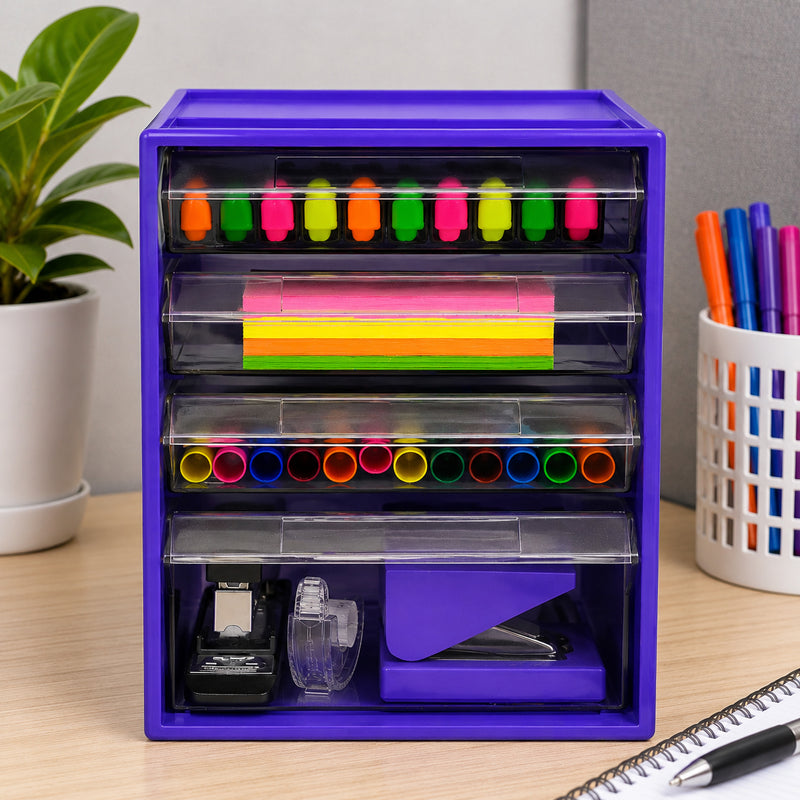 Front view of the Italplast Grape 4 Drawer Office Organiser showing its bold purple frame and transparent drawers. Colourful highlighters, sticky notes and writing tools are neatly arranged across the smaller compartments, while a stapler and tape dispenser are visible in the larger bottom drawer for practical desktop organisation.
