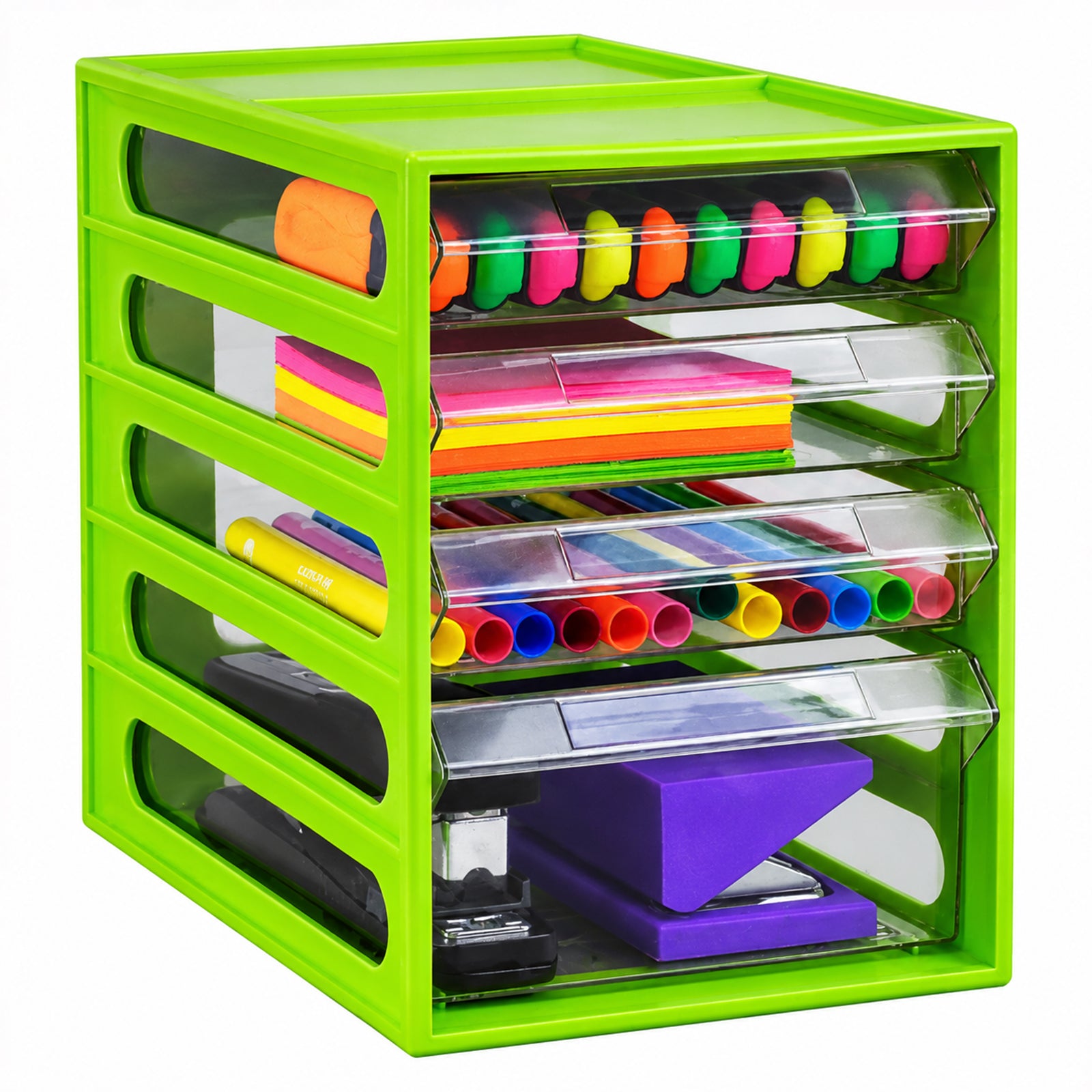 Clean product view of the Italplast Lime Office Organiser against a white background, displaying the bright green frame and four transparent drawers. Highlighters, sticky notes and colourful writing tools occupy the smaller compartments, while larger stapling equipment is stored below, illustrating flexible stationery organisation within a compact desktop footprint.