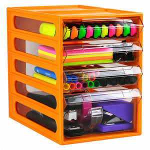 Product view of the Italplast Mandarin Office Organiser against a clean white background, clearly showing its compact four drawer construction. Three shallow clear drawers hold highlighters, sticky notes and writing tools, while the deeper lower compartment stores staplers and tape accessories, demonstrating flexible storage for different stationery sizes.