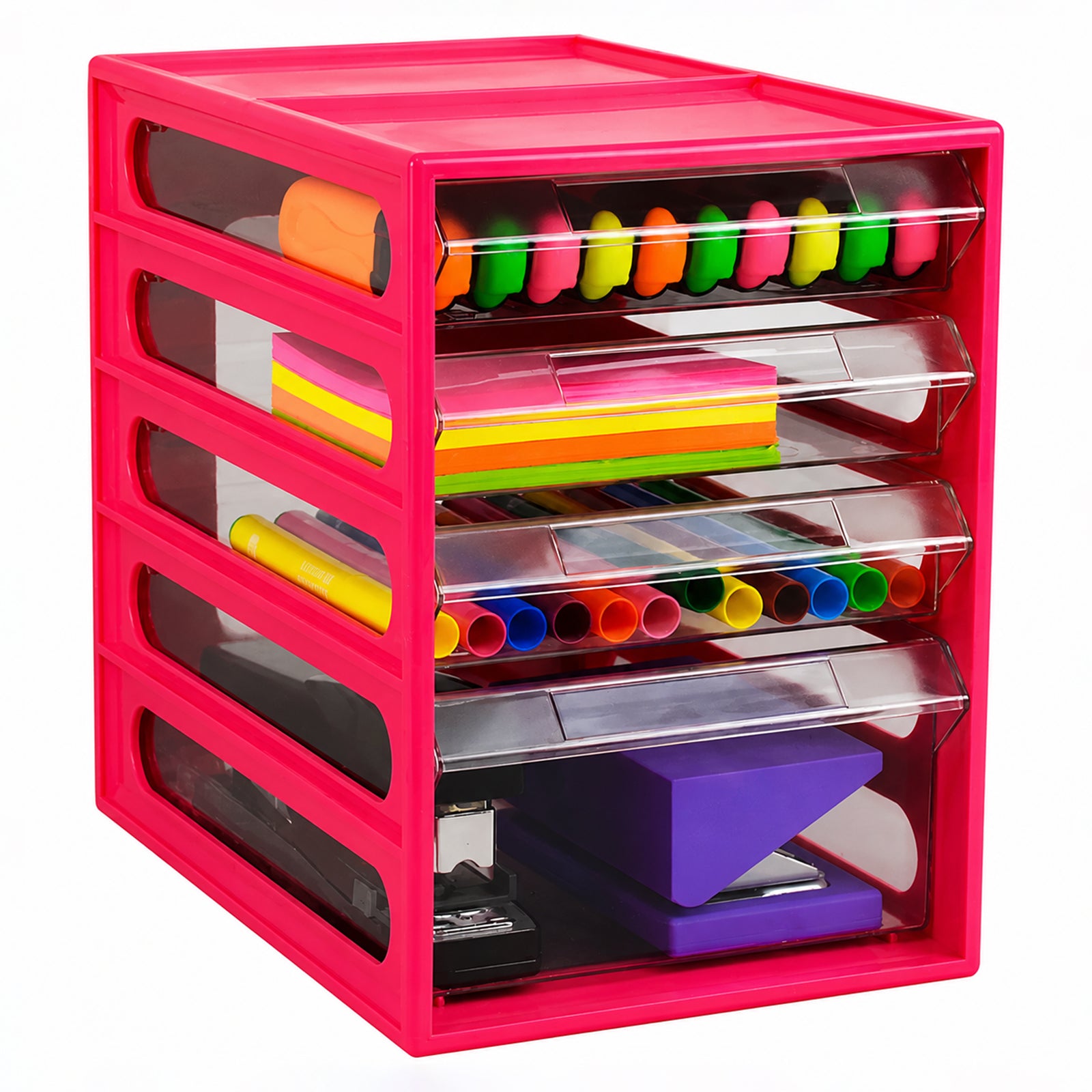 Clean product view of the Italplast 4 Drawer Office Organiser Watermelon against a white background. The bright pink frame surrounds transparent drawers containing highlighters, sticky notes, coloured writing tools and stapling equipment, clearly illustrating the combination of small item organisation and spacious storage for larger office essentials.