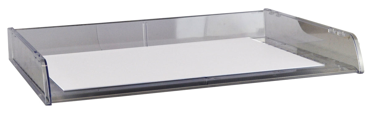 Italplast A3 Document Tray in clear I90CLR, wide low tray holding a sheet of white paper