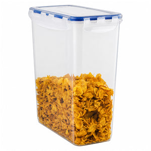 Clean product view of the Italplast 4400ml clear Air Lock Food Container partially filled with cereal against a white background. The tall rectangular container features a transparent body, fitted lid with blue sealing detail and secure snap lock closures, clearly showing its generous capacity and practical food storage design.