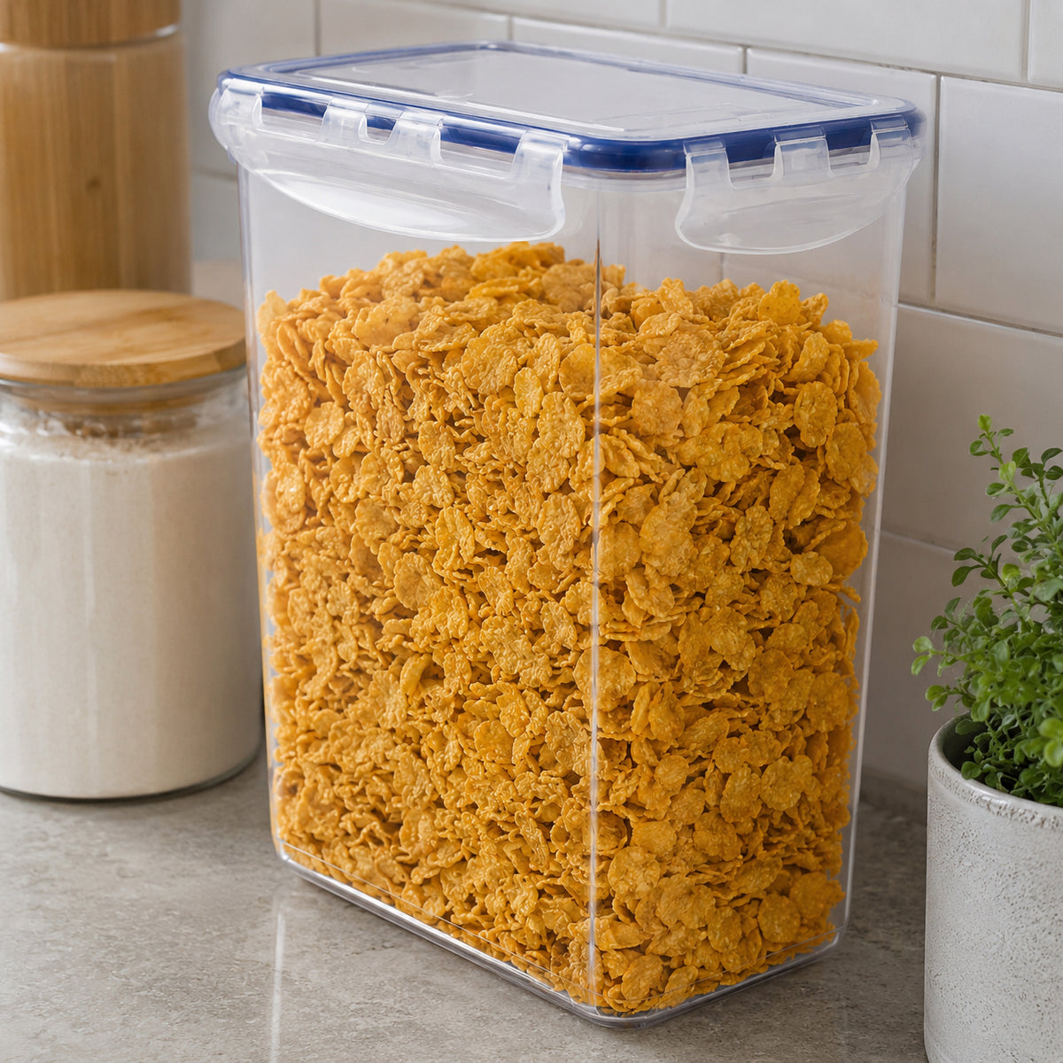 Angled view of the Italplast Air Lock Food Container holding a large quantity of cereal beside pantry jars and a small plant. The transparent polypropylene body, rectangular space efficient shape and multiple snap closures are clearly visible, demonstrating a practical solution for storing bulk dry ingredients while keeping contents easy to identify.