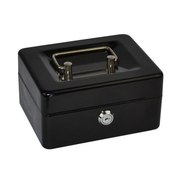 Italplast Deluxe Metal Cash Box 6 Inch 6 Compartment Black (I 06BLK), compact secure cash box with coin tray, lock and keys