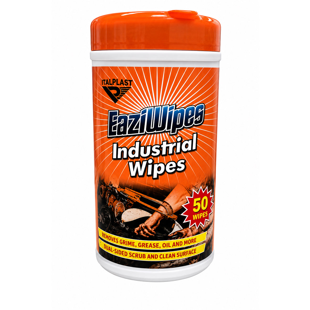 Italplast Industrial Disposable Eaziwipes resealable tub of 50 dual-sided non-woven wipes for heavy-duty grease and grime removal, MPN I465