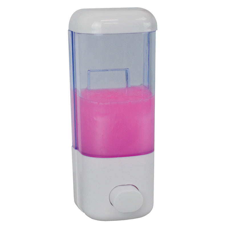 Italplast 600ml Liquid Soap Dispenser I455, white with a clear cylinder, shown filled with pink liquid soap