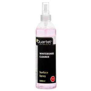 Quartet QTTWC1000 Whiteboard Cleaner in an earlier black label design, a 500ml mist spray bottle of pink liquid reading Surface Spray, with a red round badge on the label