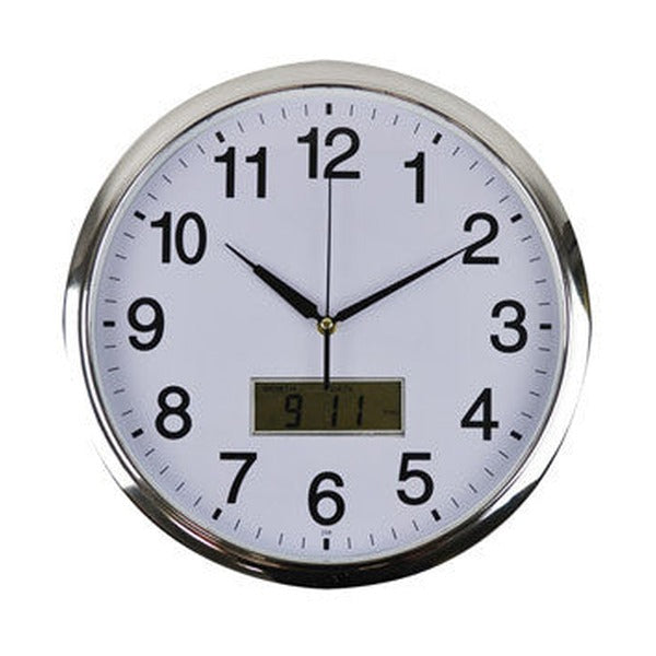 Italplast Round Wall Clock 36cm LCD Display Chrome Trim (I 393), analogue wall clock with LCD temperature and date display, Australian made