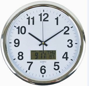 Italplast Round Wall Clock 43cm with LCD Display Chrome (I 394) — Australian made Italplast product