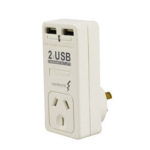Italplast Single Adaptor with Surge Protection and 2 USB Ports White (I 532), 240V adaptor with surge protection and dual USB charging