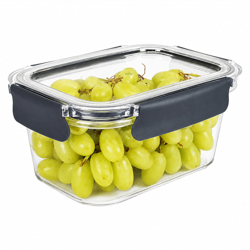 Italplast 1300ml clear Snap Lock Food Container filled with fresh green grapes and presented against a clean white background. The isolated product view clearly displays the transparent rectangular body, matching clear lid and contrasting dark snap lock closures, highlighting a practical compact container for storing fruit, snacks, leftovers and other everyday foods.