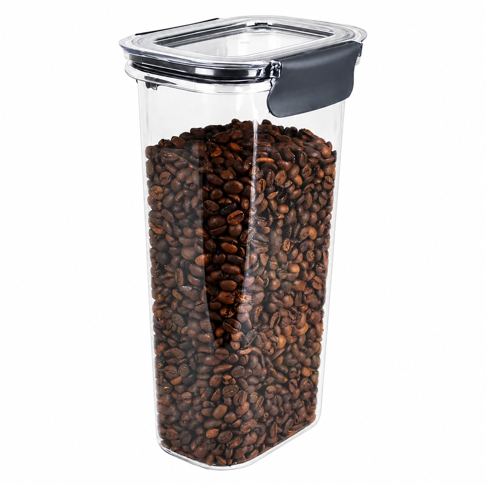 Italplast 1700ml clear Snap Lock Food Container displayed against a clean white background and filled with coffee beans. This isolated product view clearly shows the upright rectangular shape, transparent walls, fitted clear lid and contrasting dark snap lock closure, making the containers proportions and practical pantry storage design easy to assess.
