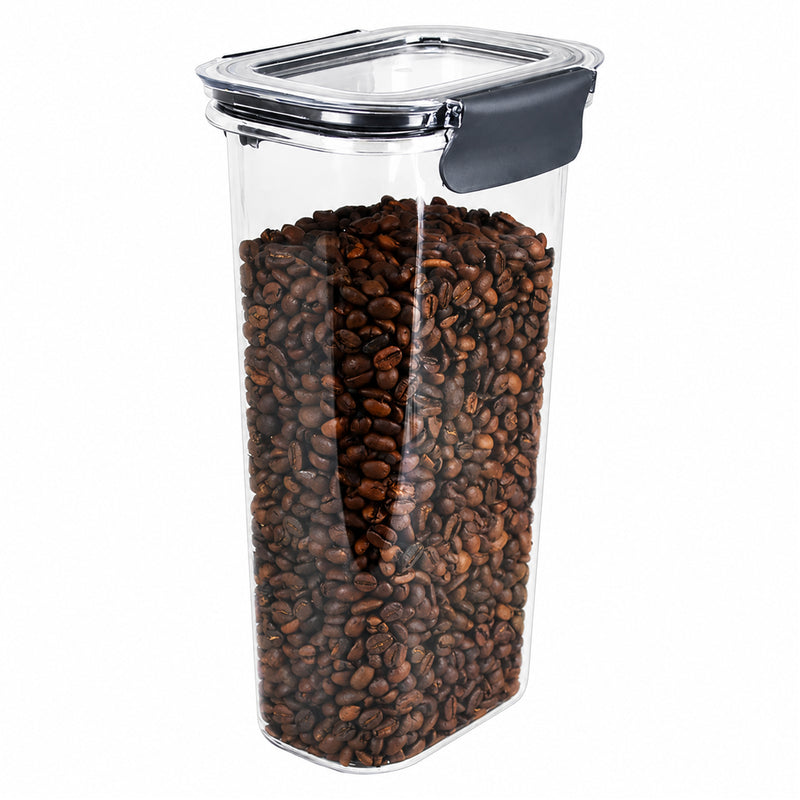 Italplast 1700ml clear Snap Lock Food Container displayed against a clean white background and filled with coffee beans. This isolated product view clearly shows the upright rectangular shape, transparent walls, fitted clear lid and contrasting dark snap lock closure, making the containers proportions and practical pantry storage design easy to assess.