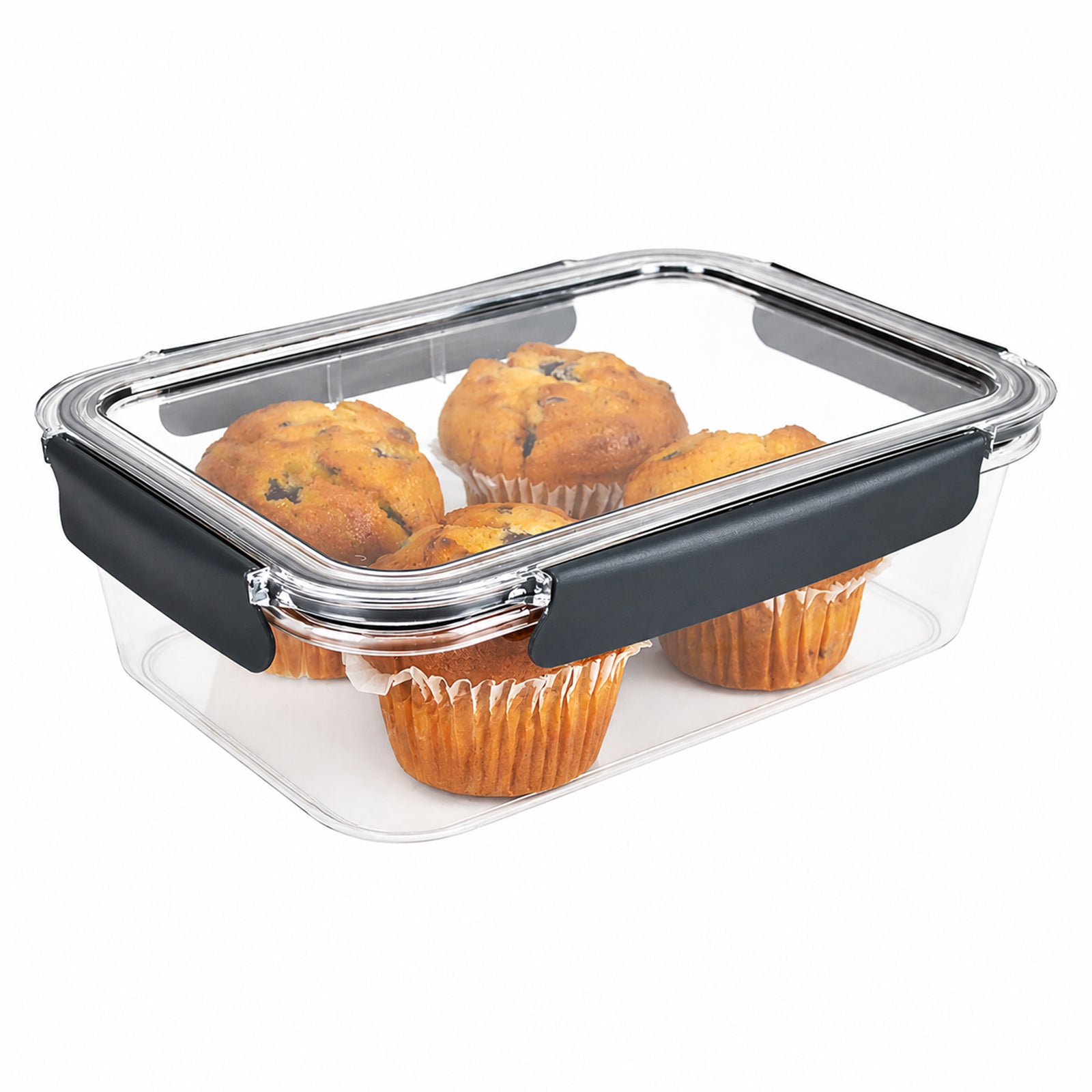 Italplast 2700ml clear Snap Lock Food Container presented against a clean white background with muffins stored inside. The isolated view clearly displays the broad 286mm by 207mm format, shallow 85mm height, transparent construction and dark snap lock closures, illustrating its suitability for baked goods and other larger food portions.