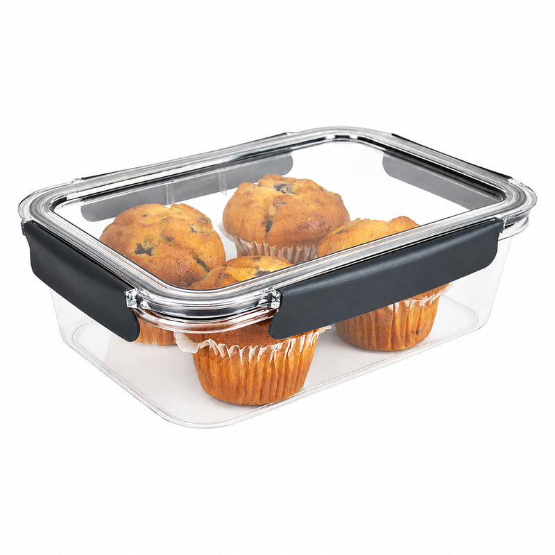 Italplast 2700ml clear Snap Lock Food Container presented against a clean white background with muffins stored inside. The isolated view clearly displays the broad 286mm by 207mm format, shallow 85mm height, transparent construction and dark snap lock closures, illustrating its suitability for baked goods and other larger food portions.