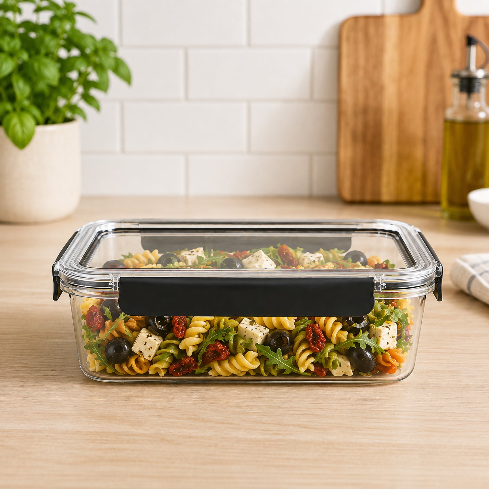 Front view of the Italplast 2.7 litre clear food container filled with pasta salad on a kitchen benchtop. The wide low profile provides ample room for prepared meals while the transparent construction makes ingredients clearly visible. The prominent front snap lock closure demonstrates the containers secure and accessible storage design.