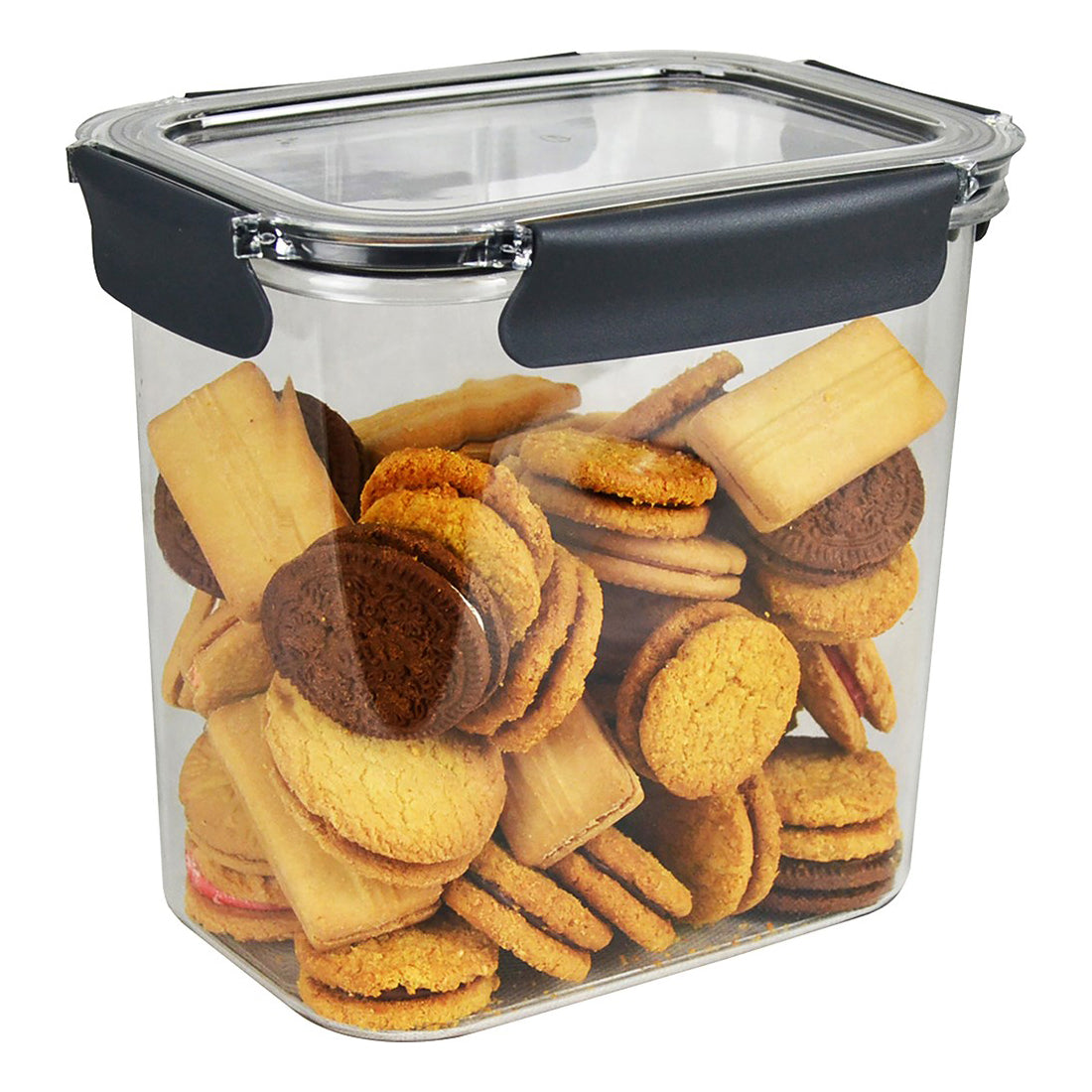 Italplast 2850ml clear Snap Lock Food Container filled with an assortment of biscuits and presented against a clean white background. This product focused image clearly displays the tall rectangular body, transparent lid and contrasting dark locking clips, showing the containers substantial capacity and suitability for storing biscuits, snacks, baked goods and other pantry favourites.