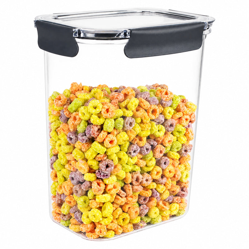 Italplast 3700ml clear Snap Lock Food Container displayed against a clean white background with cereal visible through the transparent body. The isolated product view clearly presents the tall rectangular shape, generous storage capacity, clear fitted lid and contrasting dark snap lock closures for easy identification when shopping online.