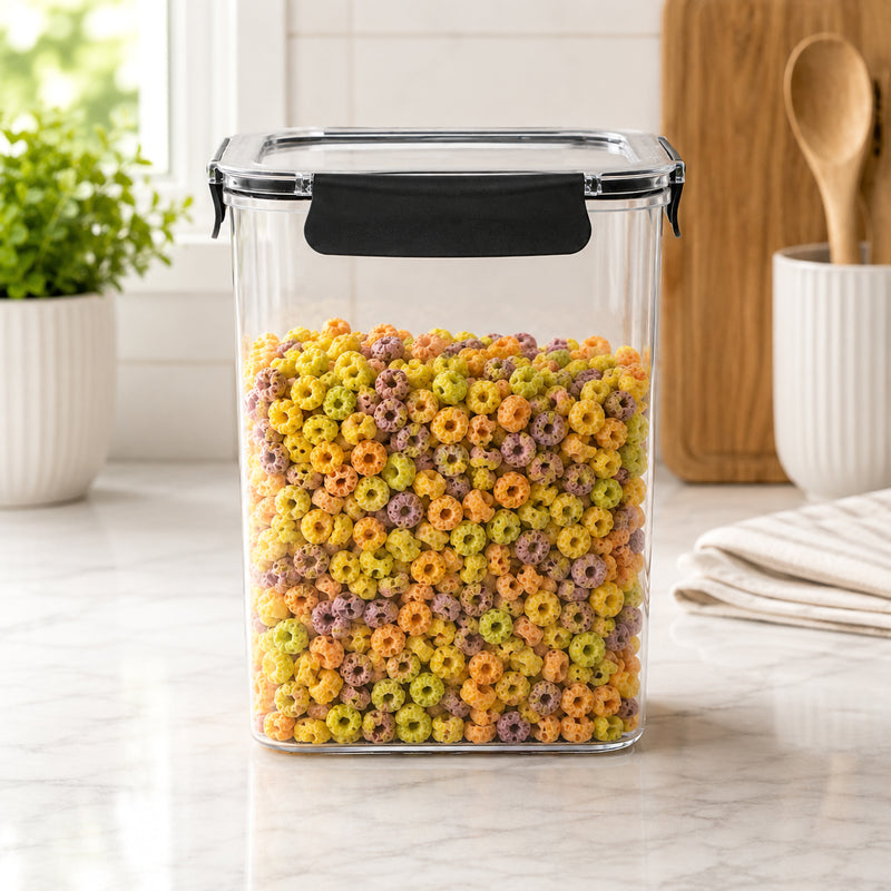 Front view of the Italplast 3700ml Snap Lock Food Container standing on a kitchen benchtop filled with cereal. The image highlights the tall space efficient shape, crystal clear body, transparent lid and secure dark locking tabs, showing how the generous container can keep bulk pantry foods visible, organised and readily accessible.