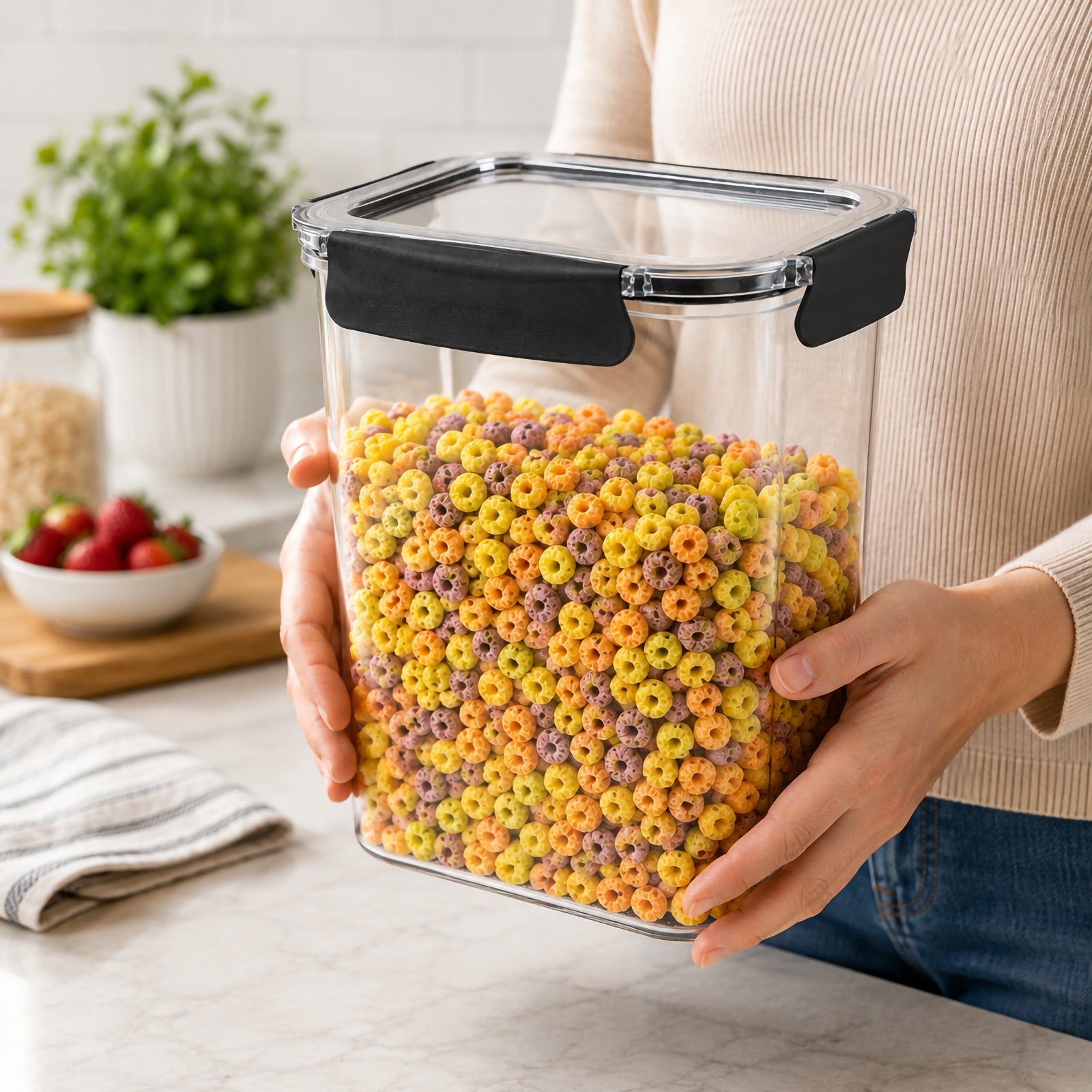 Italplast 3700ml clear Snap Lock Food Container held in both hands in a bright kitchen and filled with colourful cereal. The tall transparent body provides a clear view of the contents, while the fitted clear lid and prominent dark snap lock closures demonstrate the secure design for storing larger quantities of cereal, snacks and pantry foods.