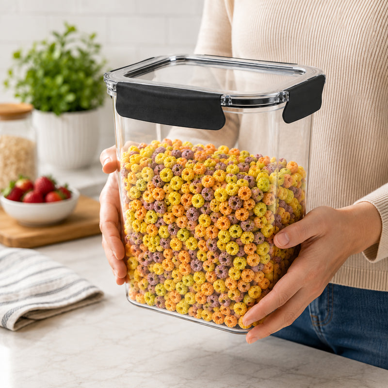 Italplast 3700ml clear Snap Lock Food Container held in both hands in a bright kitchen and filled with colourful cereal. The tall transparent body provides a clear view of the contents, while the fitted clear lid and prominent dark snap lock closures demonstrate the secure design for storing larger quantities of cereal, snacks and pantry foods.