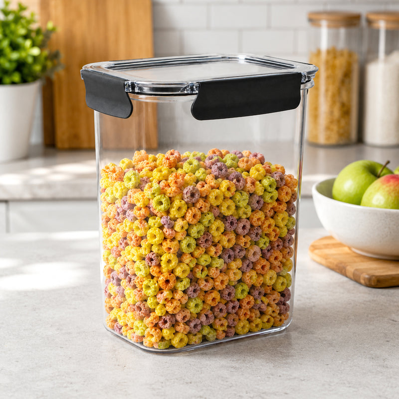 Angled kitchen view of the Italplast 3.7 litre clear food container filled with colourful dry cereal. Its upright rectangular profile demonstrates efficient use of bench, pantry or cupboard space, while the transparent construction makes food levels immediately visible and the large dark snap closures secure the fitted lid.