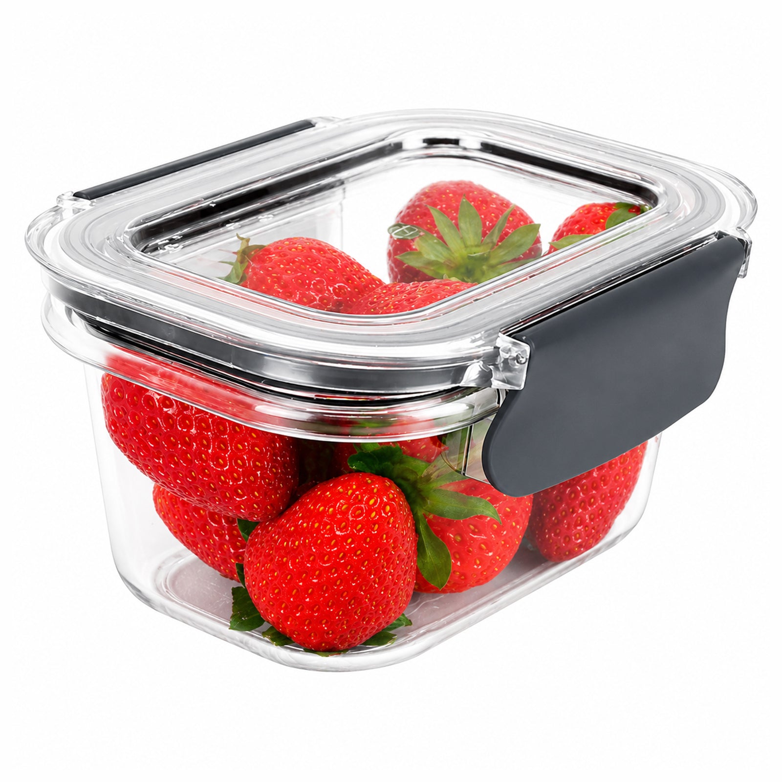 Italplast 400ml clear Snap Lock Food Container displayed against a clean white background and filled with fresh strawberries. The close product view clearly shows the compact transparent body, clear fitted lid, dark sealing detail and large snap lock closure, providing a clear representation of the container for small portion food storage.