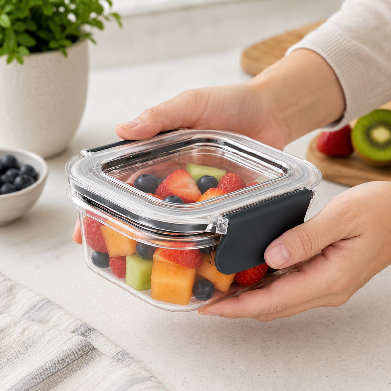 Italplast 400ml clear Snap Lock Food Container held in both hands and filled with a colourful selection of strawberries, blueberries and melon pieces. The compact transparent container and secure dark snap lock closures are clearly visible, demonstrating a convenient size for preparing fresh fruit, snacks and smaller portions for work, school or everyday use.