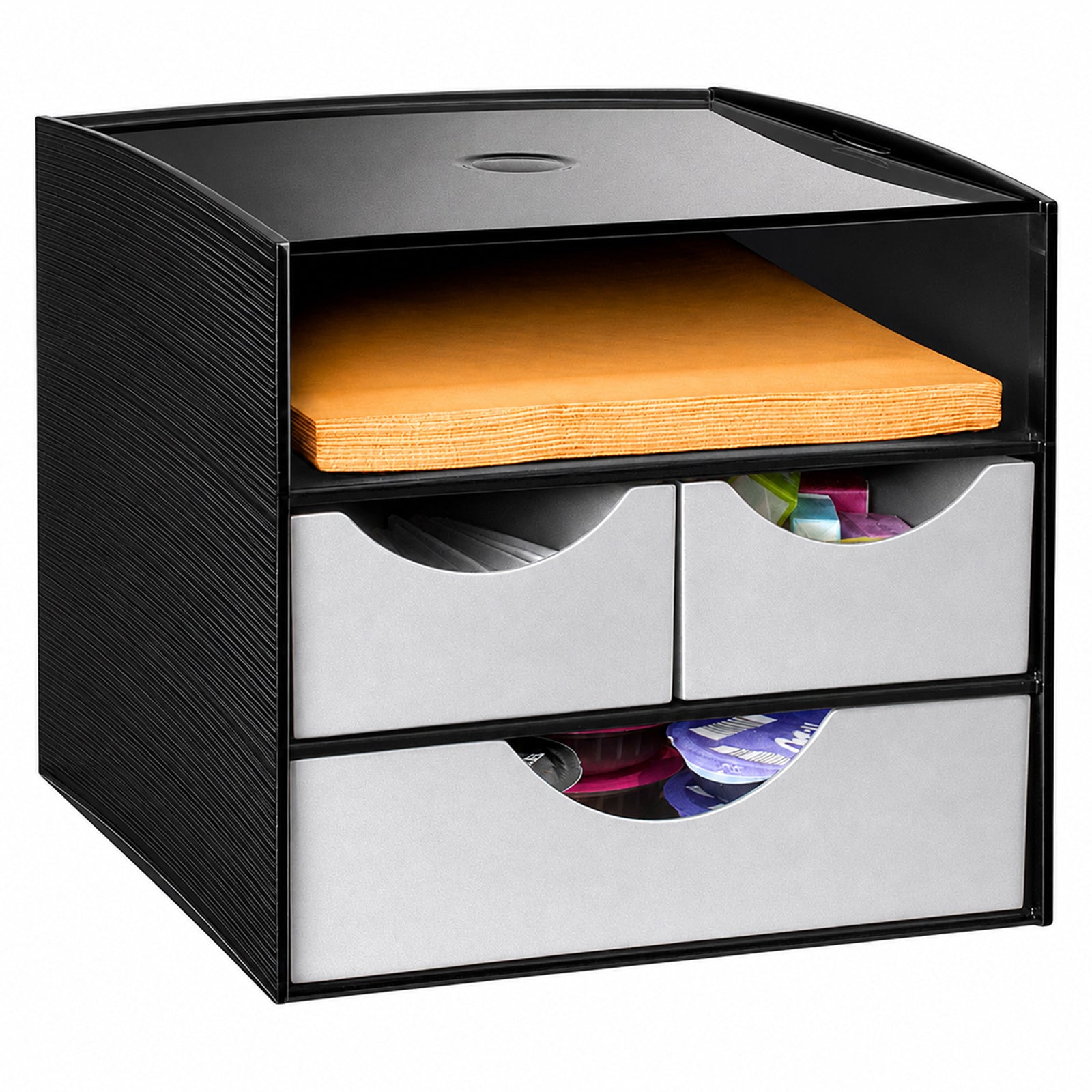 Product view of the Italplast Take A Break organiser against a white background with the open upper compartment holding orange napkins. Two smaller metallic grey drawers and a larger lower drawer contain assorted supplies, clearly demonstrating the modules flexible storage configuration, half moon access cutaways, black outer housing and space efficient vertical design.