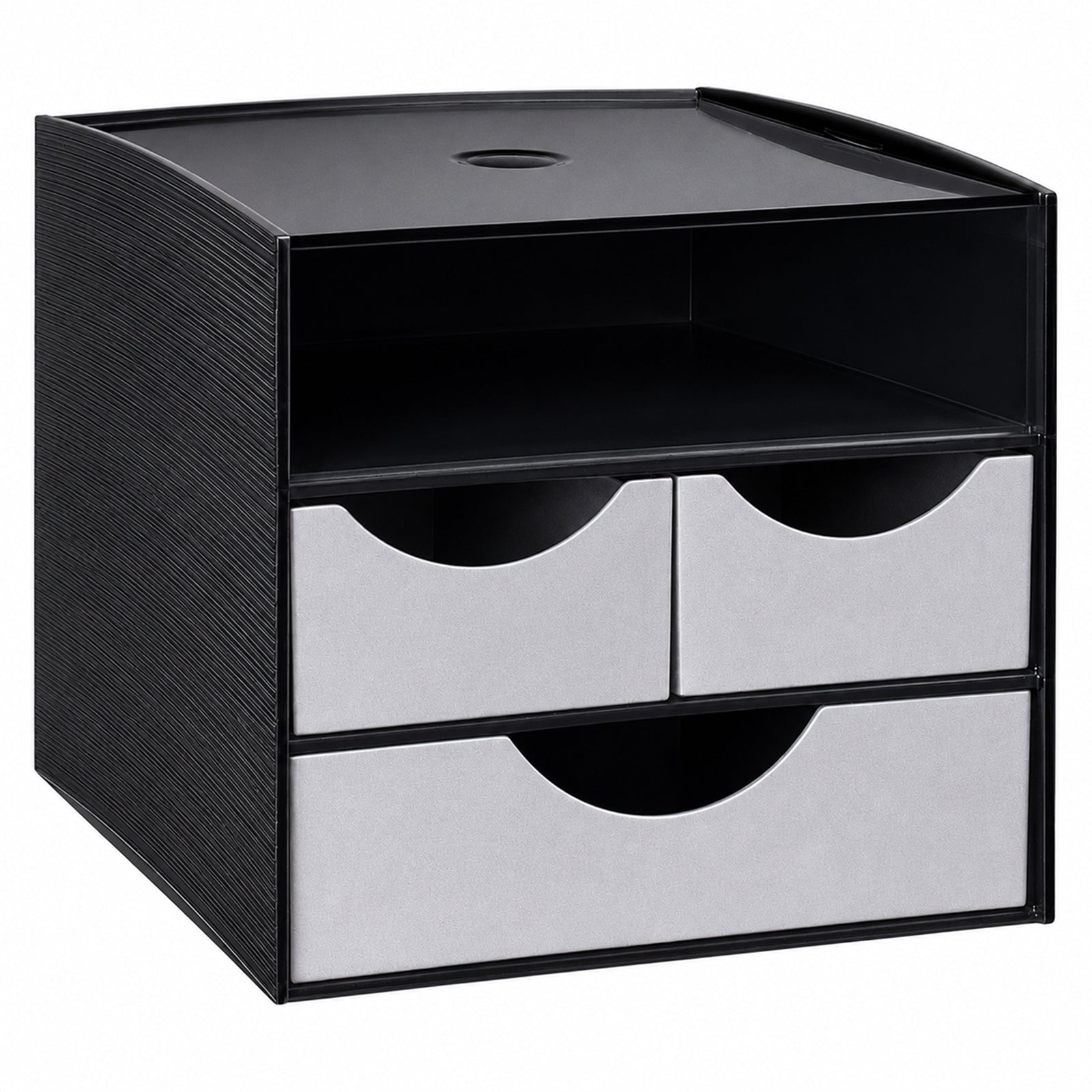 Empty Italplast Take A Break 3 Tier Drawer Module shown against a clean white background. The image clearly displays the black outer housing, spacious open upper compartment, two smaller metallic grey drawers and one wide lower drawer. Curved half moon drawer cutaways provide easy access while the compact rectangular format suits benchtops, office kitchens and refreshment stations.