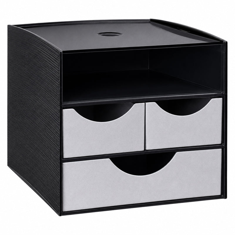 Empty Italplast Take A Break 3 Tier Drawer Module shown against a clean white background. The image clearly displays the black outer housing, spacious open upper compartment, two smaller metallic grey drawers and one wide lower drawer. Curved half moon drawer cutaways provide easy access while the compact rectangular format suits benchtops, office kitchens and refreshment stations.