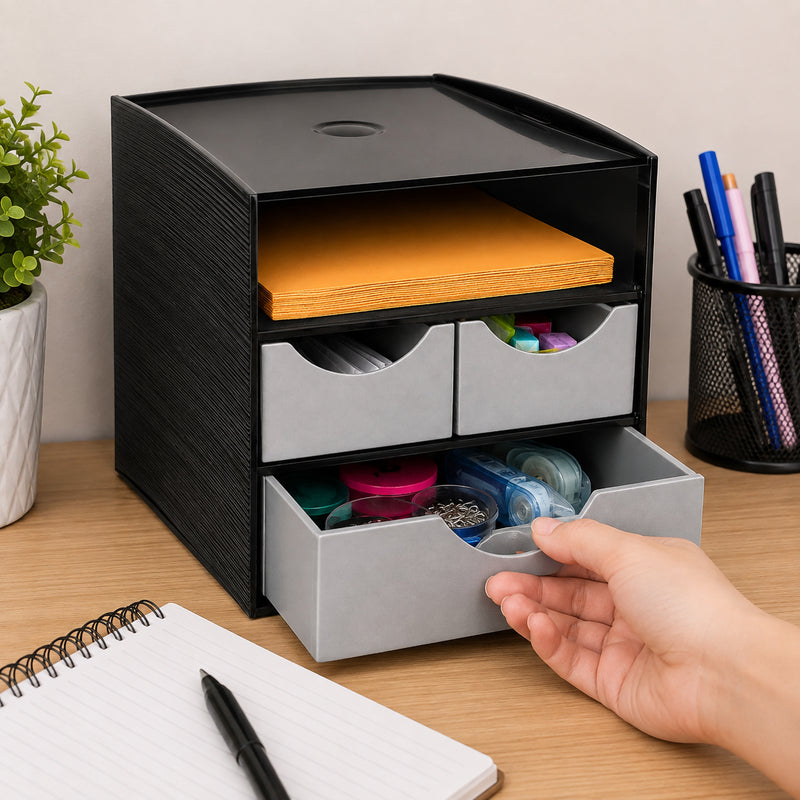 Italplast Take A Break 3 Tier Drawer Module in black with metallic grey drawers positioned on a timber office desk. The lower drawer is being opened to reveal neatly stored small supplies, while the two upper drawers and open shelf organise additional items. A notebook, pen holder and plant create a practical workplace setting that demonstrates compact desktop organisation.