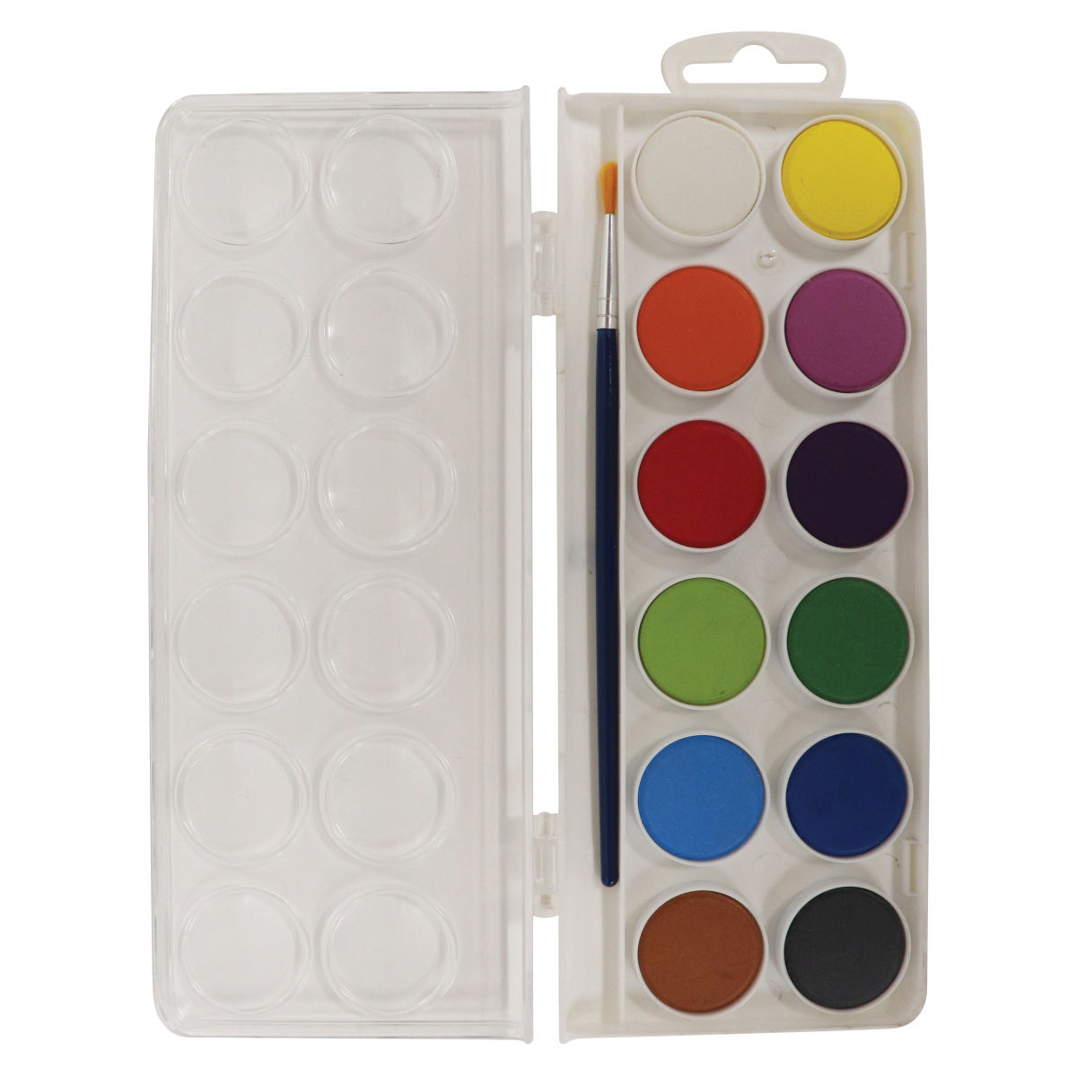 Jasart Byron watercolour palette opened flat showing twelve colour discs, a paint brush and the clear lid with empty mixing wells