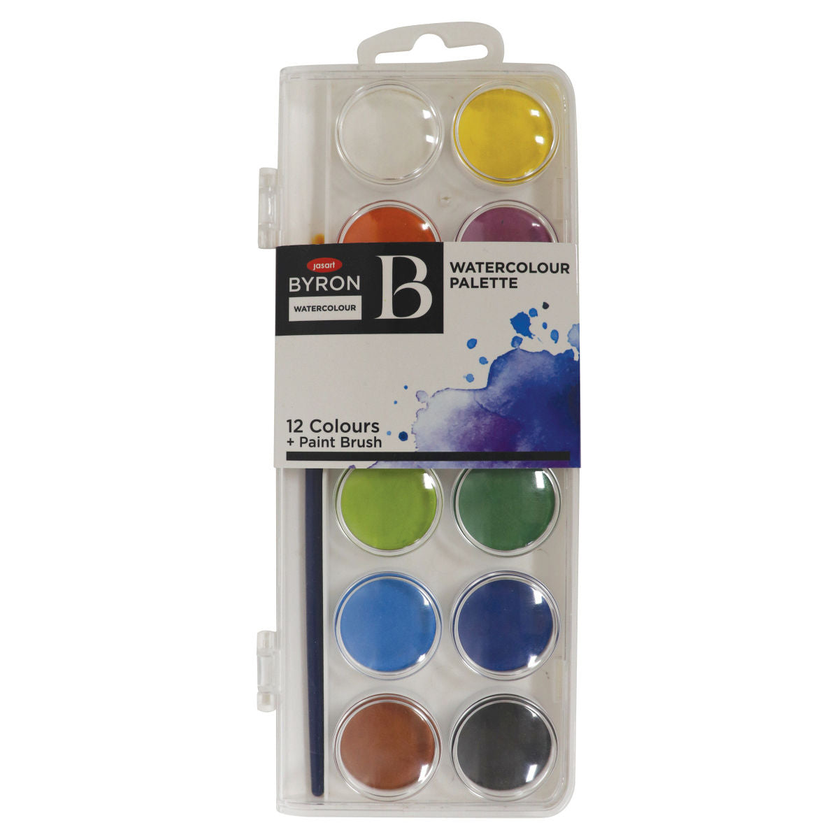 Jasart Byron Watercolour Palette set of 12 colours in a clear case with hang tab, card sleeve and a blue handled paint brush