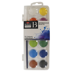 Jasart Byron Watercolour Palette set of 12 colours in a clear case with hang tab, card sleeve and a blue handled paint brush