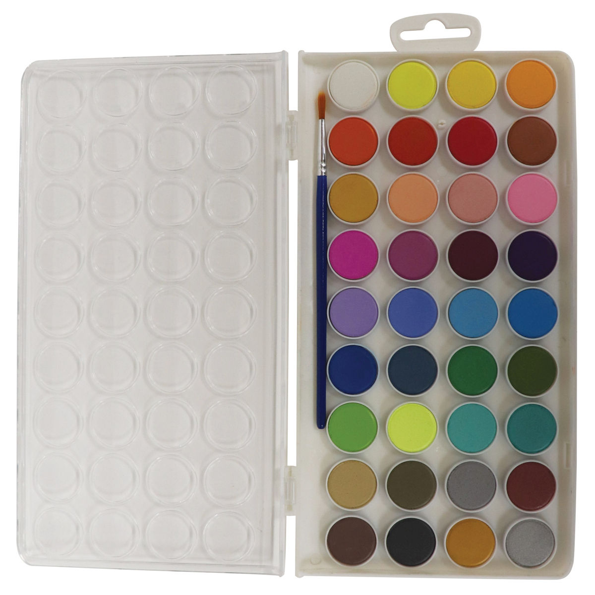 Jasart Byron watercolour palette opened flat showing thirty-six colour discs in nine rows, a paint brush and the clear lid with empty mixing wells